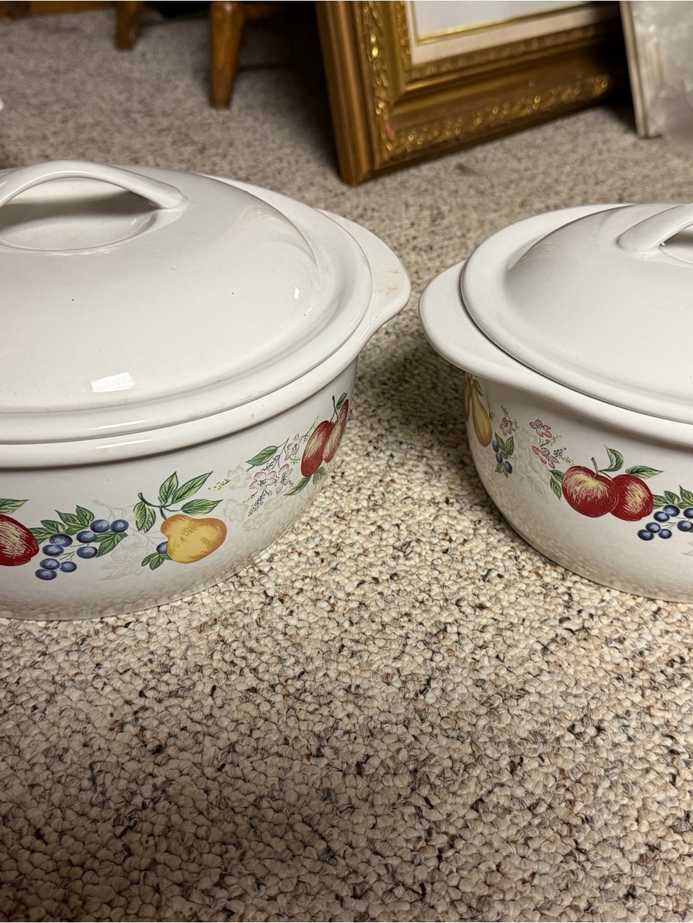 Corelle White Ceramic Covered Casserole Dishes with Fruit Motif - Set of 3